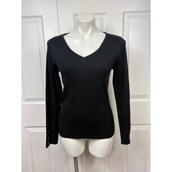 Elie Tahari Black Ribbed Long Sleeve Women's Sweater V-Neck Size L NWT Pullover - Picture 1 of 10
